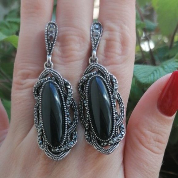 Bohemian Black Stone Earrings Tibetan Silver - Picture 2 of 3